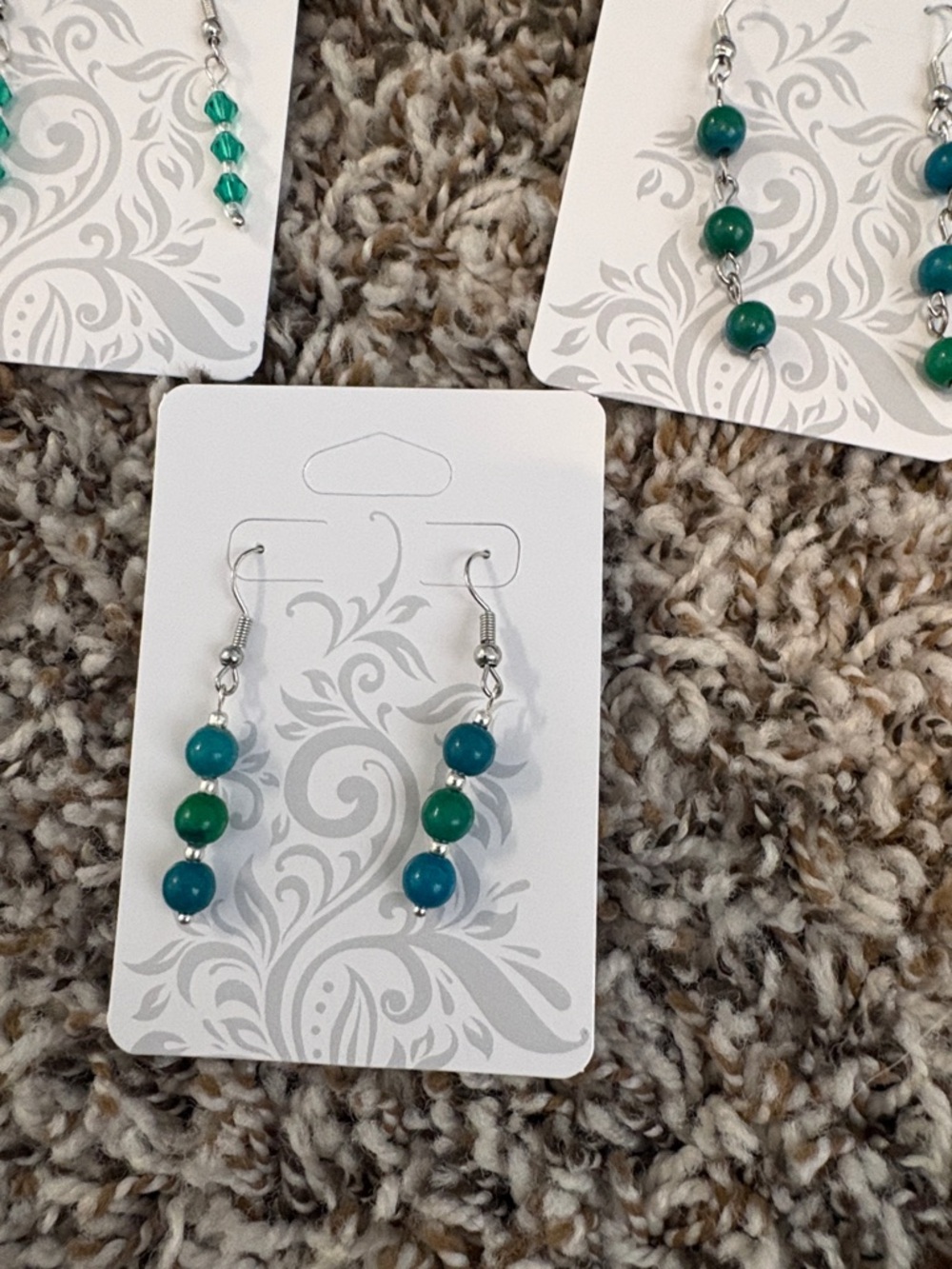 Elegant Green and Blue Beaded Earrings Hand Crafted set of 3 - Picture 9 of 9